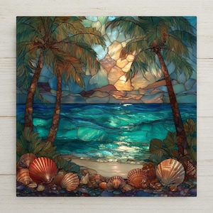 Ocean Waves Sunset Wall Art Ceramic Tile Coastal Gift Beach House Decor Florida Nature Art