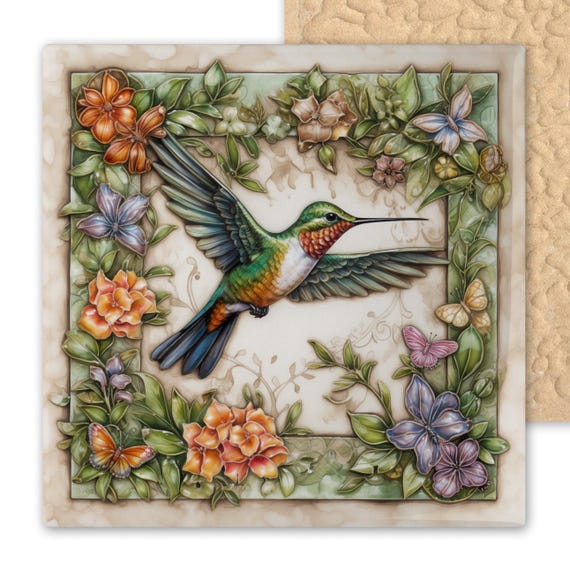 Vibrant Hummingbird Ceramic Tile - Rustic Farmhouse Wall Art - Floral Wreath Nature Accent Decor