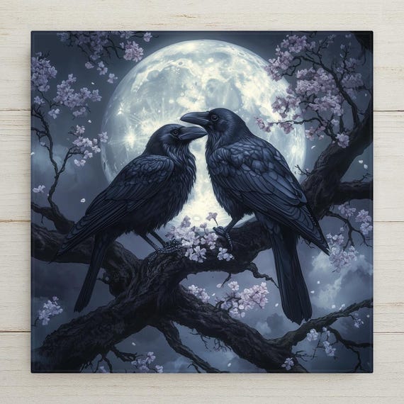 Moonlight Crow Ceramic Art Tile: Gothic Dark Fantasy Decor