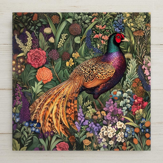 Handmade Pheasant Ceramic Tile: William Morris Inspired Botanical Wall Art for Cottagecore Home Decor