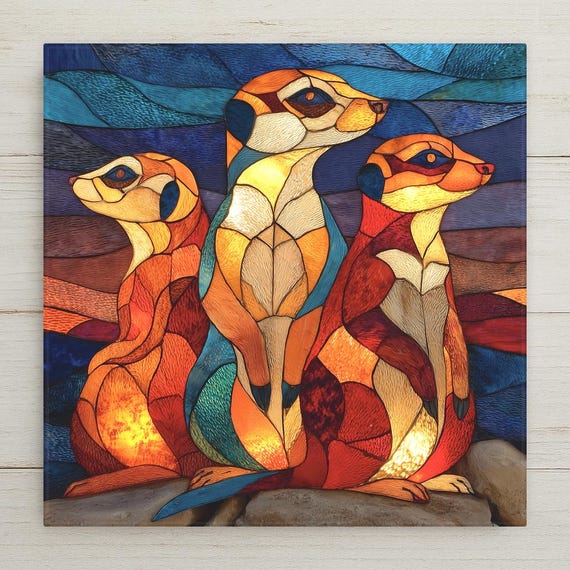 Meerkat Family Wall Art Ceramic Tile Stained Glass Style Safari Wildlife Gift African Nature Decor Art