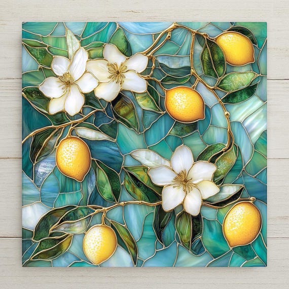 Lemon Tile: Floral Stained Glass Style Art with Gold