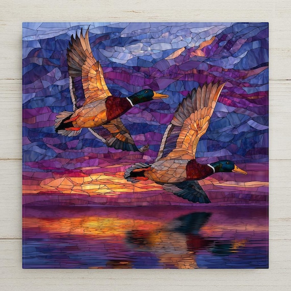 Mallard Ducks Pair Ceramic Tile Wall Art – Stained Glass Style Nature Decor, Couples Anniversary Gift, Love Bonding Home Decor