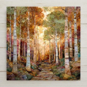Birch Forest Wall Art Ceramic Tile Autumn Tree Decor Fall Wall Art Cabin Woodland Nature White Birch Trees Gift