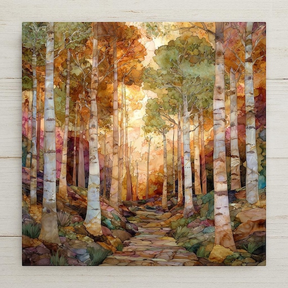 Birch Forest Wall Art Ceramic Tile – Autumn Woodland Path Wall Decor – Rustic Cabin Decor Nature Home Decor