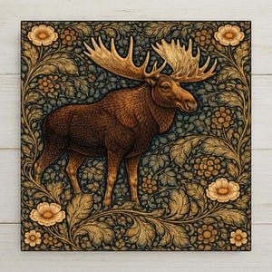 May include: A square wall art print featuring a brown moose with large antlers standing in the center. The background is filled with a dense, intricate pattern of dark blue-green leaves and light tan flowers, creating a detailed botanical motif.