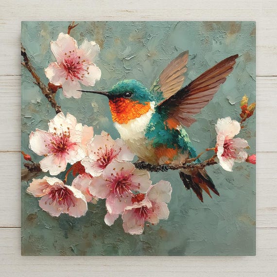 Hummingbird Cherry Blossom Wall Art Ceramic Tile Fine Art Painting Style Bird Lover Gift Birdwatcher Botanical Nature Decor Art Gift for Her