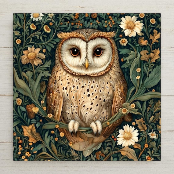 Vintage-Inspired Woodland Owl Ceramic Tile Wall Decor - Art Nouveau William Morris Style Trivet