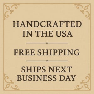 The image is a sign advertising a product, specifically a handmade item, that is free shipping and will be available for business the next day.