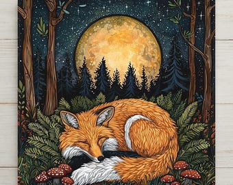May include: A square wall art print featuring a sleeping orange fox curled up in a forest of green ferns and red mushrooms. In the background, a large, glowing yellow full moon sits in a dark, starry night sky above a silhouette of pine trees.