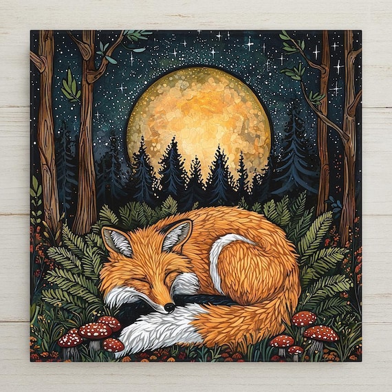 Woodland Fox Wall Art Tile Ceramic Moonlit Forest Scene Wall Decor