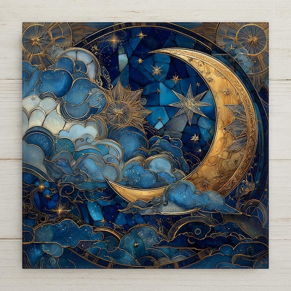 Moon Goddess Ceramic Tile Wall Art – Celestial Crescent Moon, Stained Glass Style Night Sky, Mystical Wall Decor Home Decor Gift