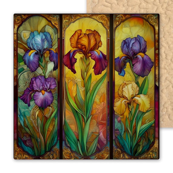 Irises Ceramic Tile Art Nouveau Stained Glass Look Purple Blue Orange Gold Accents Irises Wall Decor Home Decor Art Wall Art Trivet Coaster