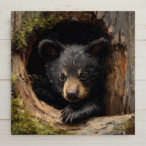 Black Bear Cub Ceramic Tile Wall Art - Woodland Wildlife Nature Home Decor, Rustic Cabin Animal Lover Gift Print