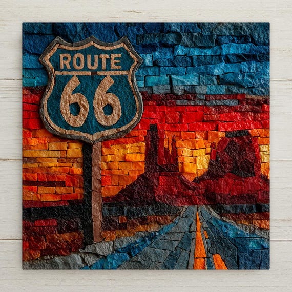 Route 66 Wall Art Ceramic Tile Stained Glass Style Southwest Gift Road Trip Decor Place Identity Art