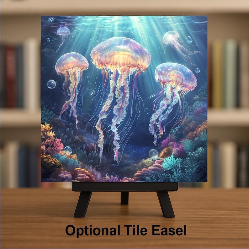 Luminescent Jellyfish Ceramic Tile: Ocean-Inspired Trivet, Wall Art & Bathroom Decor for Coastal Homes image 3