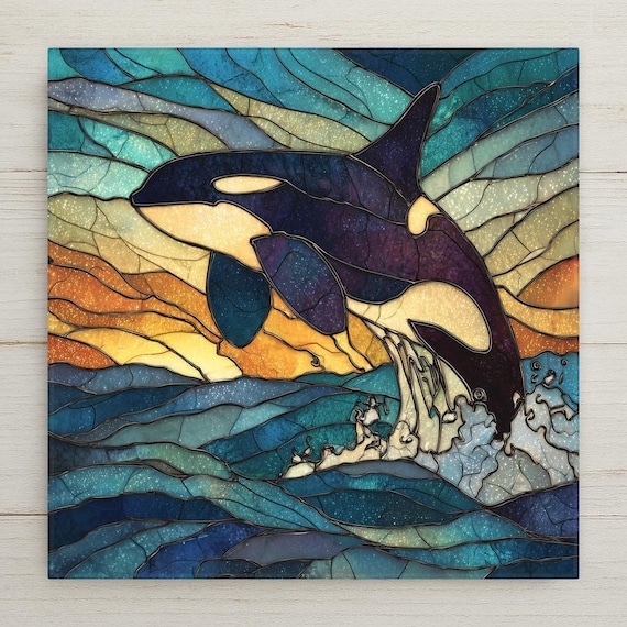 Orca Whale Coastal Wall Art Ceramic Tile – Stained Glass Style Ocean Sunset Home Decor, Killer Whale Beach House Wall Decor
