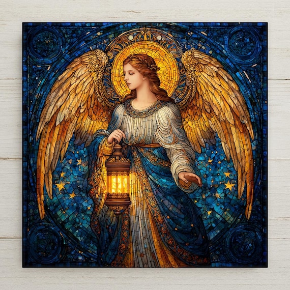 Lantern Angel Ceramic Tile Wall Art – Stained Glass Style Angel, Spiritual Wall Decor, Christian Home Decor Gift, Heavenly Light Artwork