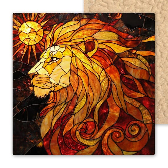 Leo Zodiac Ceramic Tile: Stained Glass Celestial Lion Wall Art for August Birthday & Home Decor