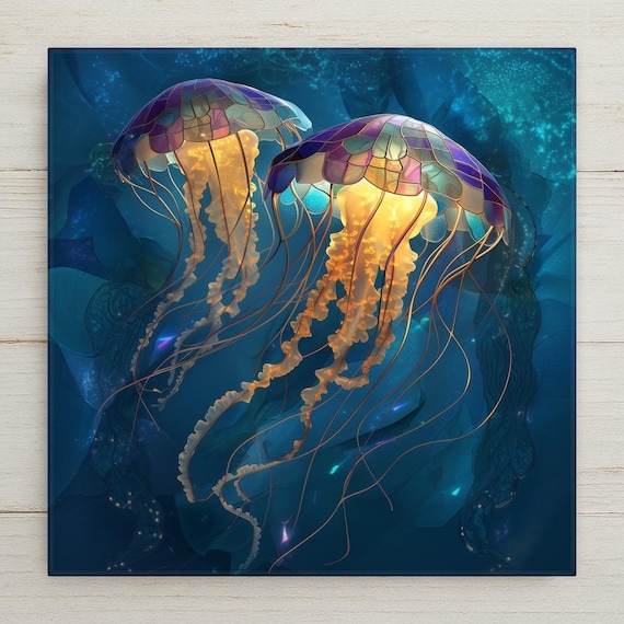Jellyfish Wall Art Ceramic Tile – Stained Glass Ocean Decor – Coastal Beach Wall Decor – Nautical Home Decor Gift
