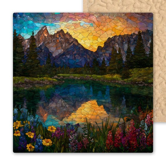 Grand Teton Mountains Stained Glass Style Ceramic Tile Wall Art – Scenic Landscape Nature Tile Décor, Mountain Lake Sunset Tile Gift