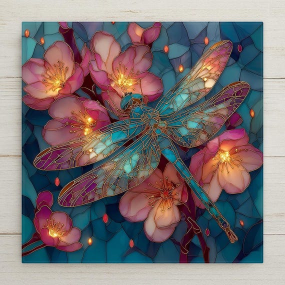 Dragonfly Cherry Blossom Wall Art Ceramic Tile Stained Glass Style Japanese Art Sakura Spring Gift Decor