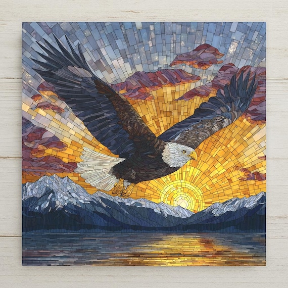 Bald Eagle Ceramic Tile Wall Art – Stained Glass Mountain Sunset Design, Nature Home Decor, Rustic Cabin Decor, Wildlife Wall Art Gift