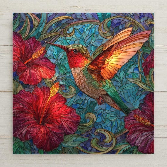 Hummingbird Ceramic Tile Wall Art – Stained Glass Floral Design, Nature Home Decor, Botanical Wall Decor Gift for Garden Lovers