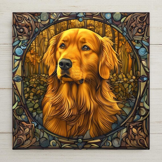 Golden Retriever Wall Art Ceramic Tile – Stained Glass Golden Retriever Portrait, Dog Lover Gift, Retriever Memorial Decor, Dog Wall Decor