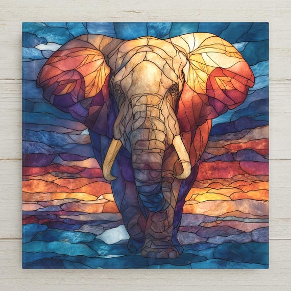 African Elephant Bull Wall Art Ceramic Tile Stained Glass Style Safari Wildlife Gift Nature Decor Art