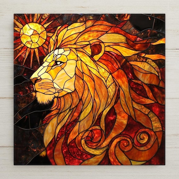 Leo Zodiac Tile: Stained Glass Lion Ceramic Wall Art