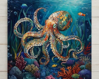 Octopus Wall Art Ceramic Tile – Colorful Coastal Ocean Wall Decor, Marine Sea Life Nautical Accent