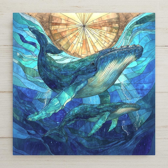 Whale Ceramic Tile Wall Art – Stained Glass Style Ocean Decor, Blue Mosaic Whale Artwork, Coastal Home Decor Gift Underwater Nature Tile Art