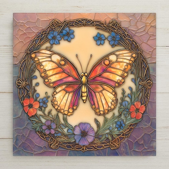 Art Nouveau Butterfly Ceramic Tile: Stained Glass Style Wall Art Floral Home Decor