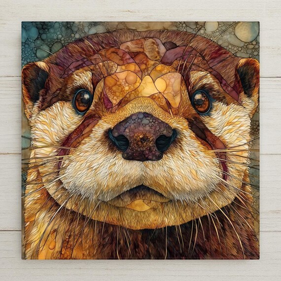 Otter Stained Glass Art Tile Woodland Animal Wall Art Nature Wildlife Home Decor Rustic Cabin Accent Decorative Tile