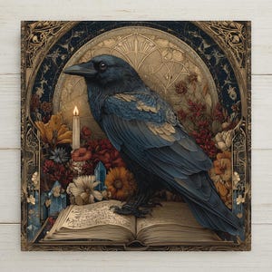 May include: A dark blue and black raven perched on an open book with musical notation. The background features a gold arched frame, a lit candle, blue crystals, and various flowers in shades of red, orange, and yellow, creating a detailed scene.