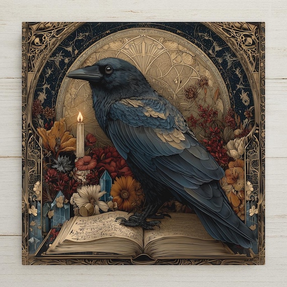 Raven and Spellbook Ceramic Art Tile: Dark Academia Bookshelf Book Nook Wall Decor Gothic Gift for Her Witchy Home Decor