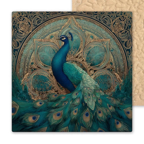 Peacock Ceramic Tile Art - Turquoise and Gold Feather Wall Decor - Elegant Bird Tile for Glam Boho Homes and Nature-Inspired Gift Ideas