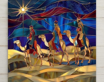 Nativity Wall Art Ceramic Tile Three Wise Men Christmas Gift Stained Glass Style Religious Decor Faith Art