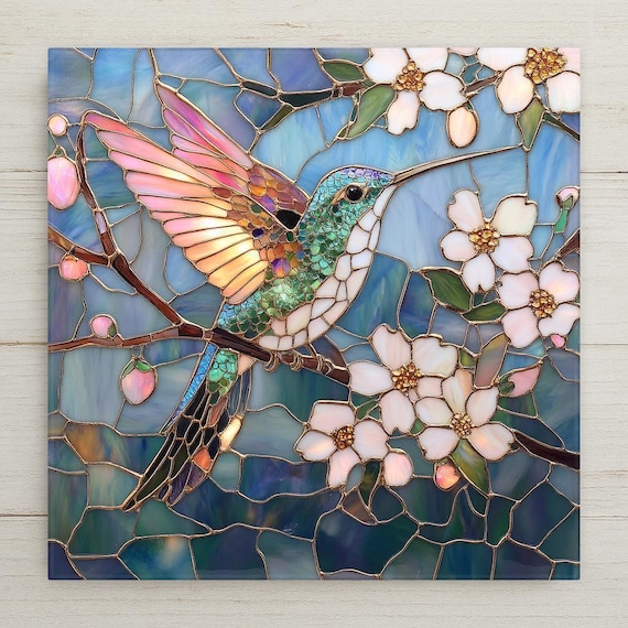 Elegant Blue Floral Hummingbird Ceramic Tile - Handmade Stained Glass Wall Art Nature Decor