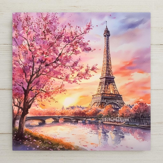 Eiffel Tower Ceramic Tile: Romantic Paris Sunset, Cherry Blossoms