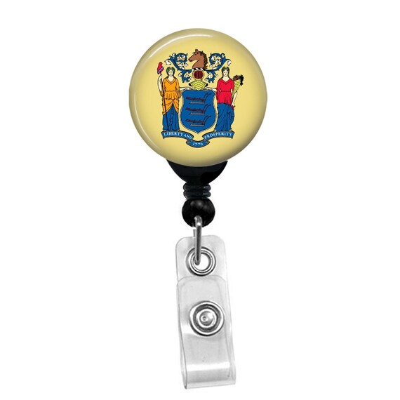 New Jersey State Flag Badge Reel – NJ Seal ID Clip – Retractable Name Tag Holder for Nurses, Teachers, Staff – Garden State Gift