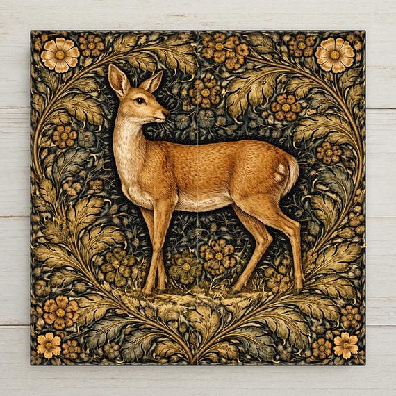 Roe Deer Woodland Wall Art Ceramic Tile – Rustic Farmhouse Wall Decor – Forest Animal Cabin Home Decor Gift