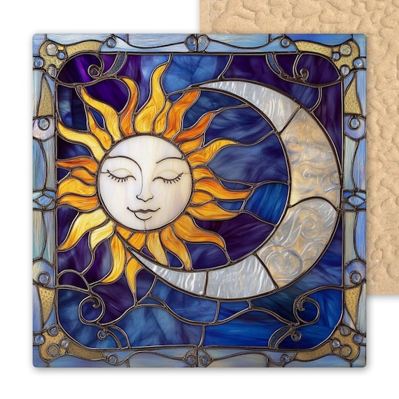 Celestial Ceramic Tile Art: Sun & Moon Wall Decor - Handmade Stained Glass Style Cosmic Gift