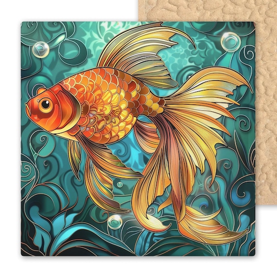 Hand-Painted Goldfish Ceramic Wall Tile - Boho Aquatic Bathroom Decor - Fish Scale Art Home Accent