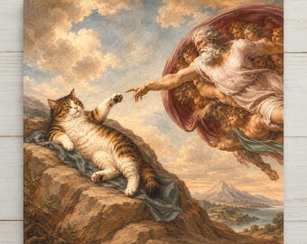 Könnte beinhalten: Ein quadratischer Wandkunstdruck, der eine braun-weiße getigerte Katze auf einem Felsen zeigt, die ihre Pfote nach einer bärtigen Gestalt in weißem Gewand ausstreckt, umgeben von Putten vor einem Hintergrund aus Wolken und Bergen.
