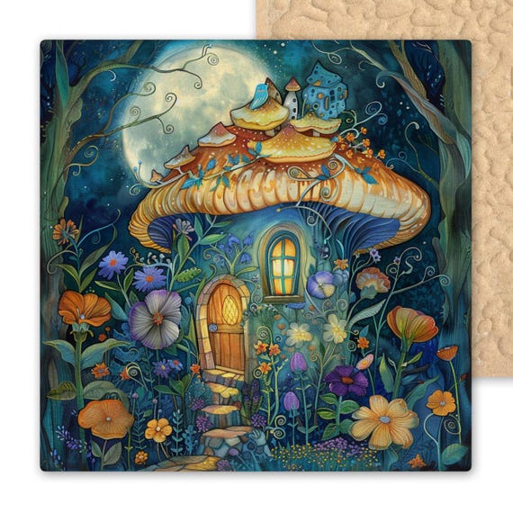 Mushroom Fairy House Ceramic Tile Art - Stained Glass Style Whimsical Wall Decor with Moonlit Flowers - Enchanted Fantasy Cottage Art