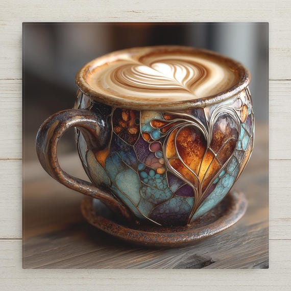 Coffee Latte Art Wall Art Ceramic Tile Stained Glass Style Coffee Lover Gift Barista Decor Kitchen Gift for Her