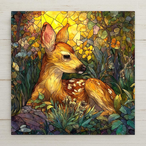 Fawn Ceramic Tile Wall Art - Stained Glass Woodland Deer Nature Forest Animal Home Decor Gift