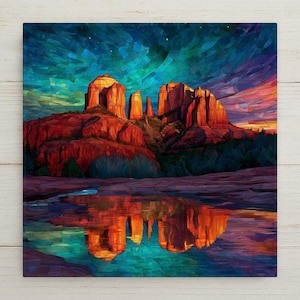 Sedona Cathedral Rock Ceramic Tile: Stained Glass Style Southwest Landscape with Sunset Reflection